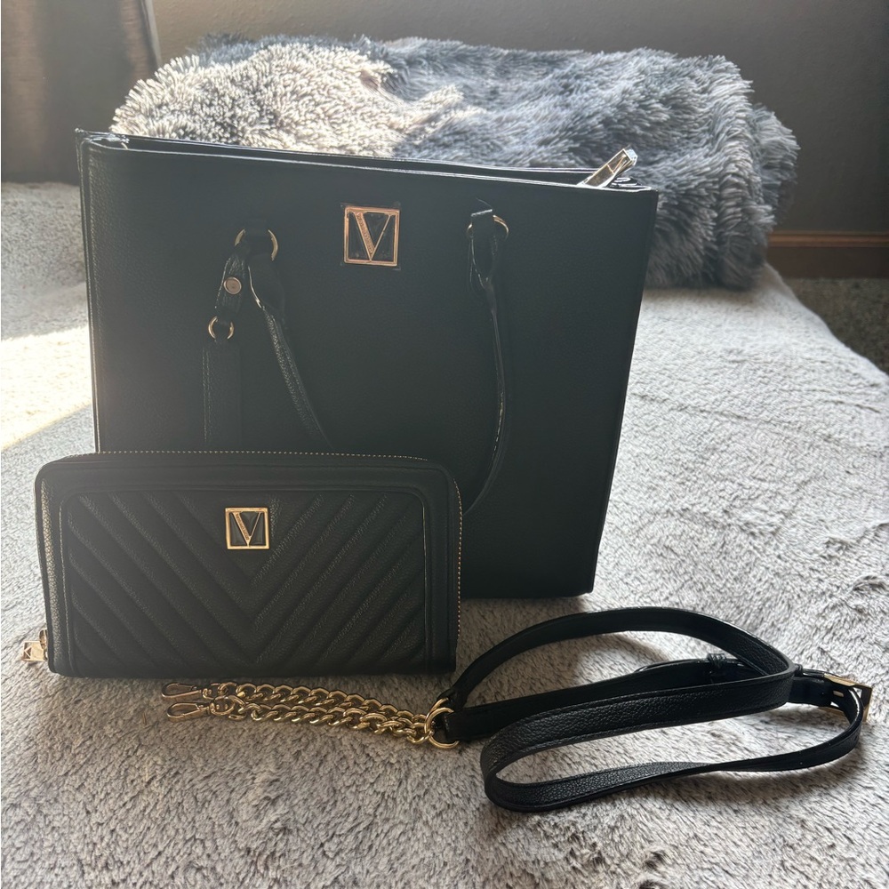 Victoria's Secret Black Shoulder Bag and Wallet Set